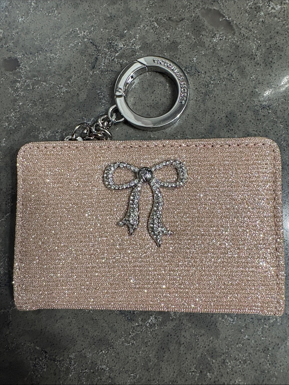 Victoria's Secret Glitter Rhinestone Pink Bow Card Holder Keychain Wallet